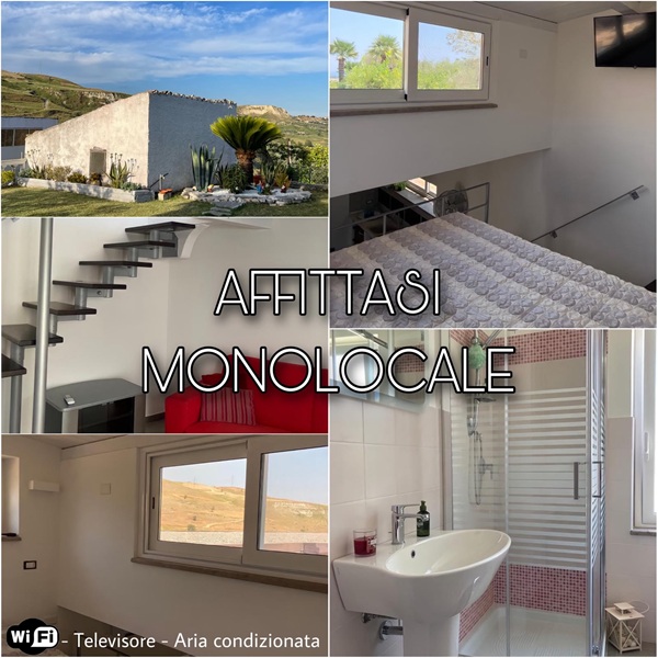 Collage «Affittasi monolocale»: casetta bianca tra piante grasse, scala a giorno, divano rosso, letto e bagno con doccia