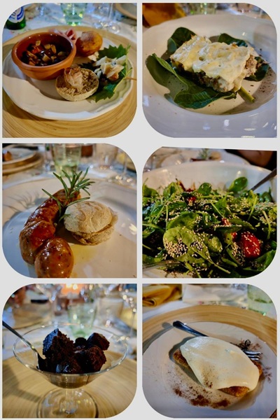 Collage di sei piatti Armonie di Paola: antipasto con pâté, sformato su spinaci, salsiccia, insalata al sesamo, dolce